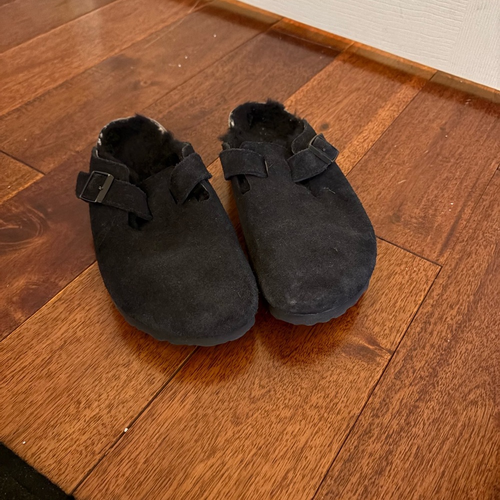 Birkenstock Black Suede Fur-Lined Clogs
